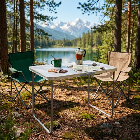 Masa pliabila pentru camping, cu maner transport, blat MDF si cadru aluminiu, 90x60x70 cm, gri [16]