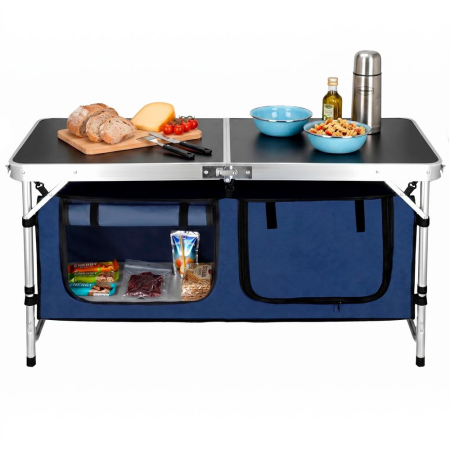 Masa pliabila pentru camping cu organizator suspendat, inaltime reglabila, aluminiu si MDF, 120x47x71 cm, negru si argintiu [12]