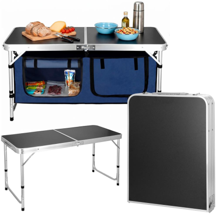 Masa pliabila pentru camping cu organizator suspendat, inaltime reglabila, aluminiu si MDF, 120x47x71 cm, negru si argintiu [3]