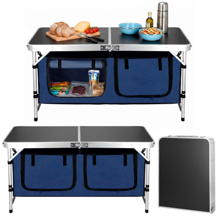 Masa pliabila pentru camping cu organizator suspendat, inaltime reglabila, aluminiu si MDF, 120x47x71 cm, negru si argintiu [1]