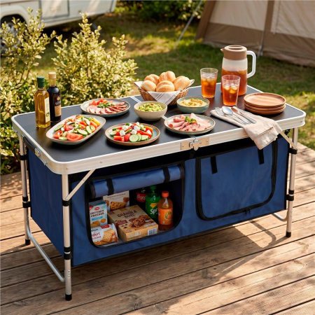 Masa pliabila pentru camping cu organizator suspendat, inaltime reglabila, aluminiu si MDF, 120x47x71 cm, negru si argintiu [7]