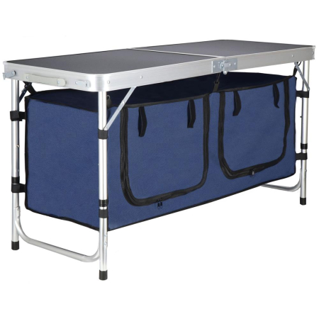 Gradina & balcon - Masa pliabila pentru camping cu organizator suspendat, inaltime reglabila, aluminiu si MDF, 120x47x71 cm, negru si argintiu