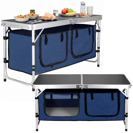 Masa pliabila pentru camping cu organizator suspendat, inaltime reglabila, aluminiu si MDF, 120x47x71 cm, negru si argintiu [4]