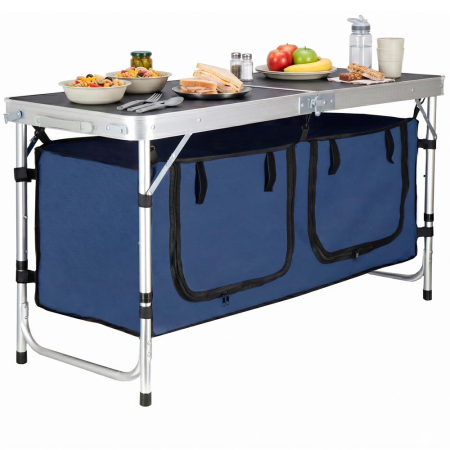 Masa pliabila pentru camping cu organizator suspendat, inaltime reglabila, aluminiu si MDF, 120x47x71 cm, negru si argintiu [25]