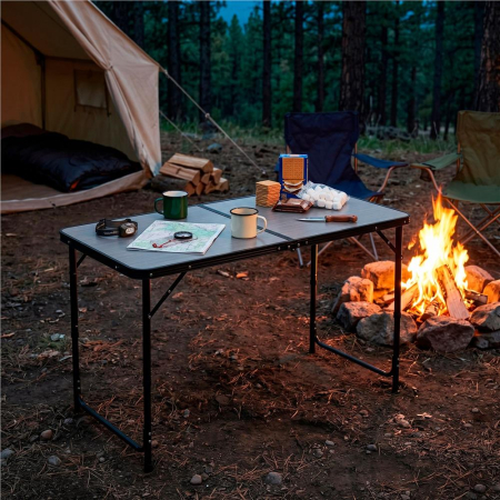 Masa pliabila pentru camping cu suport umbrela, reglabila pe inaltime, aluminiu si MDF, 120x60x71 cm, negru si gri [22]