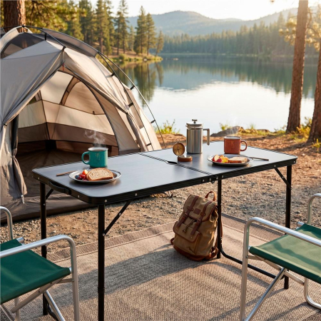 Masa pliabila pentru camping cu suport umbrela, reglabila pe inaltime, aluminiu si MDF, 120x60x71 cm, negru si gri [23]