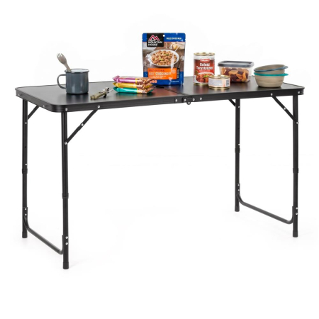 Masa pliabila pentru camping cu suport umbrela, reglabila pe inaltime, aluminiu si MDF, 120x60x71 cm, negru si gri [17]
