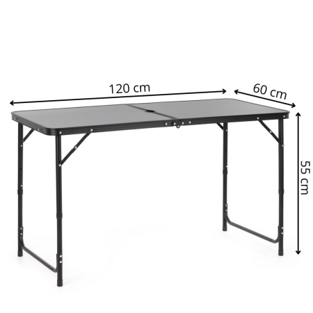 Masa pliabila pentru camping cu suport umbrela, reglabila pe inaltime, aluminiu si MDF, 120x60x71 cm, negru si gri [26]