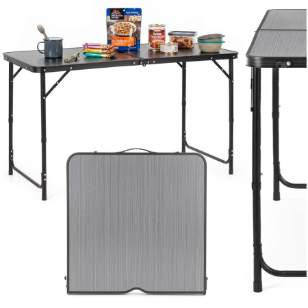 Masa pliabila pentru camping cu suport umbrela, reglabila pe inaltime, aluminiu si MDF, 120x60x71 cm, negru si gri [1]