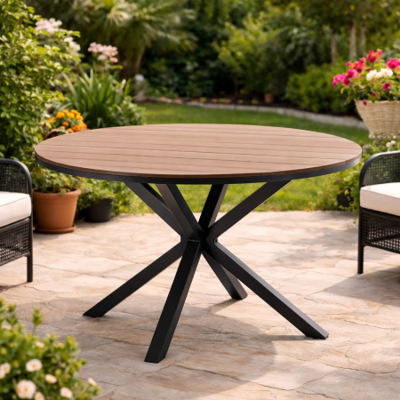 Gradina & balcon - Masa rotunda pentru gradina, cadru aluminiu cu blat polywood aspect lemn, 112x73 cm, maro natur