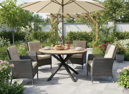 Masa rotunda pentru gradina, cadru aluminiu cu blat polywood aspect lemn, 112x73 cm, maro natur [6]