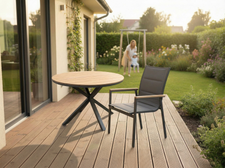 Masa rotunda pentru gradina, cadru aluminiu cu blat polywood aspect lemn, 112x73 cm, maro natur [4]