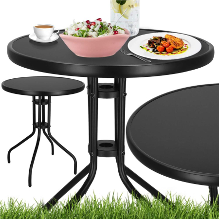 Masa rotunda pentru gradina sau balcon, blat din sticla securizata fumurie, 60 x 70 cm, negru [12]
