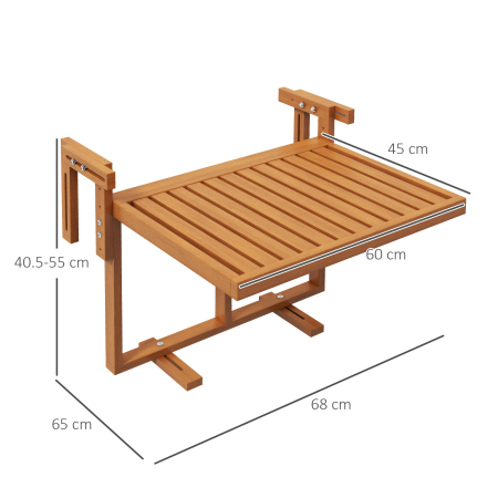  Masa Suspendata de Exterior, Masa Reglabila pentru Balustrada, Blat Suport cu Montare pe Perete, 68x65x40,5-55 cm, Tec [2]