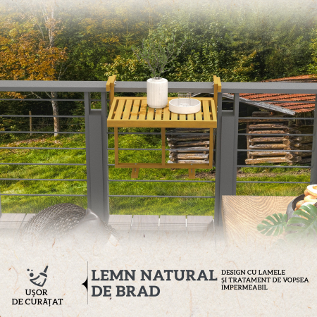  Masa Suspendata de Exterior, Masa Reglabila pentru Balustrada, Blat Suport cu Montare pe Perete, 68x65x40,5-55 cm, Tec [4]
