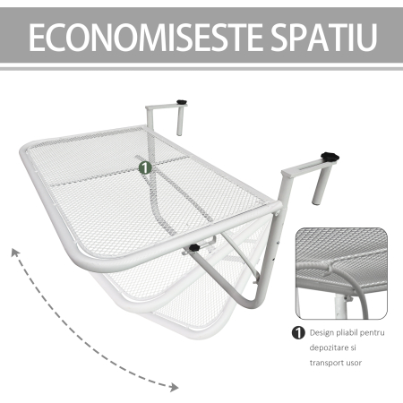  Masa suspendata pentru balustrada, reglare pe 3 niveluri, dreptunghiulara, din metal, 60x40x40/45/50cm alb [4]