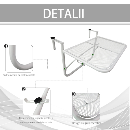  Masa suspendata pentru balustrada, reglare pe 3 niveluri, dreptunghiulara, din metal, 60x40x40/45/50cm alb [5]