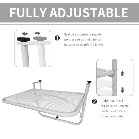  Masa suspendata pentru balustrada, reglare pe 3 niveluri, dreptunghiulara, din metal, 60x40x40/45/50cm alb [3]