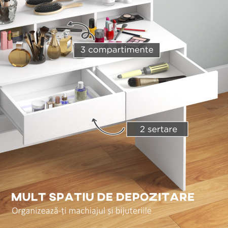 Masa Toaleta cu Oglinda si Lumina Reglabila, 2 Sertare si 3 Compartimente Alb [4]