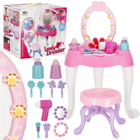 Masa toaleta pentru copii, cu taburet, 19 accesorii joaca, din plastic, 37x20x60 cm, roz [12]