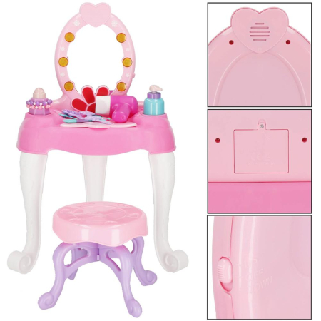 Masa toaleta pentru copii, cu taburet, 19 accesorii joaca, din plastic, 37x20x60 cm, roz [10]