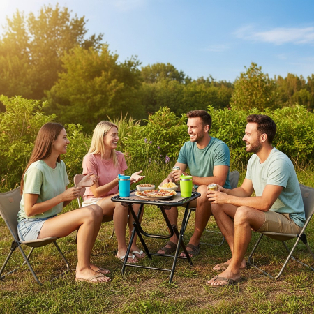 Masa turistica pliabila pentru camping, cu suport pahare, 50x50x50 cm, maro [3]