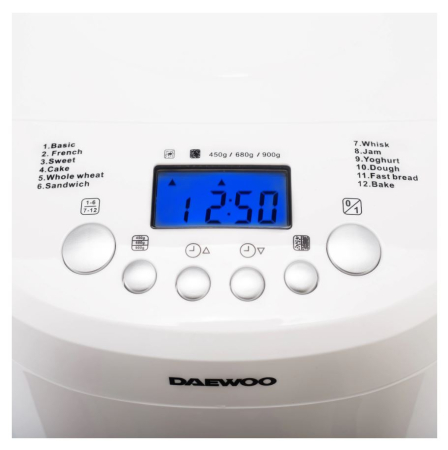 Masina de facut paine Daewoo DBM600W, 600 W, 900 grame, 12 programe, 2 grade rumenire, 1 programe principale, Alb [2]