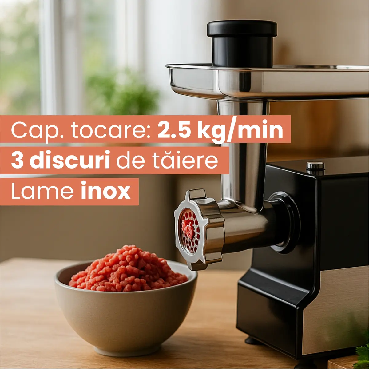 Masina de tocat Daewoo DMG2000DC, 2000 W, 2.5 kg/min, 3 site incluse, 1 viteze, 1 accesorii, functie reverse, Inox [4]