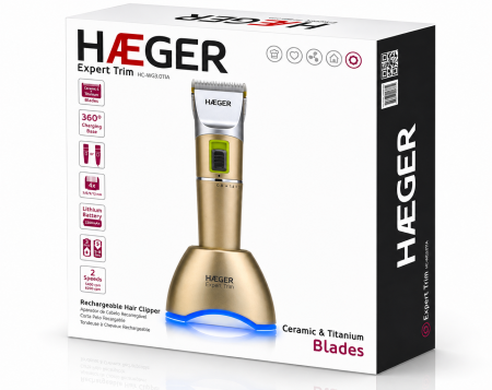 Masina de tuns HAEGER EXPERT TRIM , Uz profesional, Autonomie pana la 8 ore, Lame ceramice cu titan, Functionare cu sau fara fir, Incarcare rotativa 360 grade, Auriu [4]