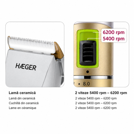 Masina de tuns HAEGER EXPERT TRIM , Uz profesional, Autonomie pana la 8 ore, Lame ceramice cu titan, Functionare cu sau fara fir, Incarcare rotativa 360 grade, Auriu [6]