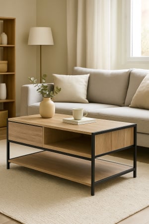 Masuta cafea 5Five Aliaj cu design rectangular, finisaj stejar, 100x40x50 cm, bej [5]