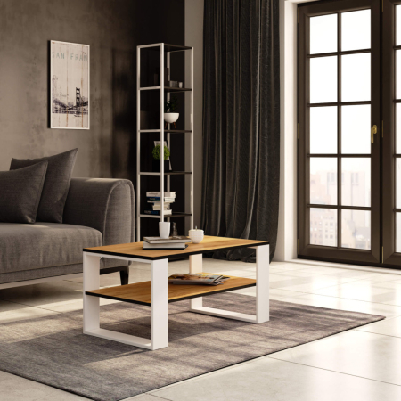 Masuta cafea ALEX cu raft inferior, PAL laminat, 92x53x45 cm, stejar craft si alb [3]