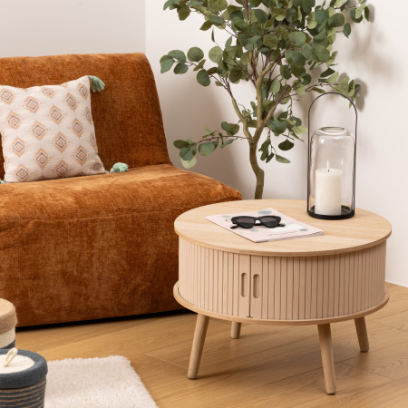 Masuta cafea rotunda Atmosphera Nysos cu usi glisante si raft, 60x40 cm, crem natur [2]