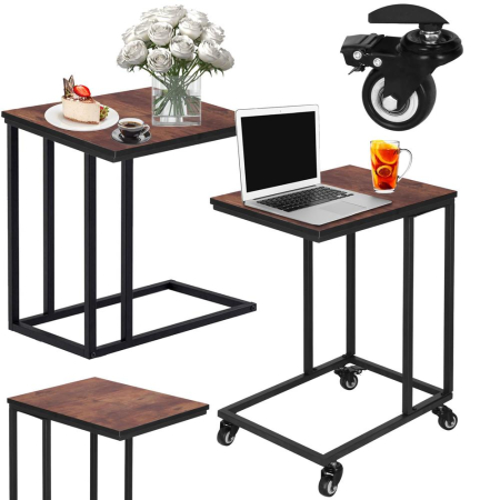 Masuta de cafea, cu cadru de otel si roti, industrial, 35x50x66 cm, maro wenge [2]