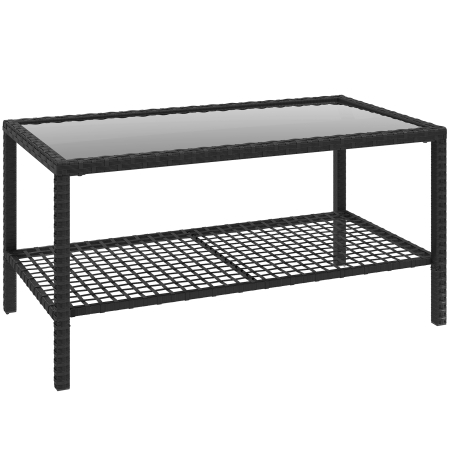 Mese gradina -  Masuta de Cafea din Ratan pe 2 Niveluri cu Raft, Blat din Sticla Securizata, Masuta de Exterior cu Cadru din Otel, 92x50x45 cm, Negru