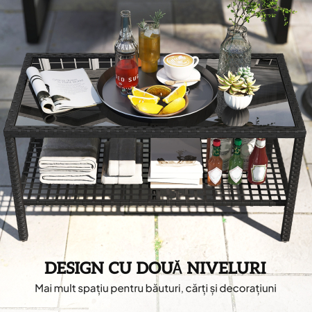  Masuta de Cafea din Ratan pe 2 Niveluri cu Raft, Blat din Sticla Securizata, Masuta de Exterior cu Cadru din Otel, 92x50x45 cm, Negru [3]