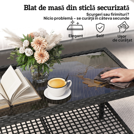  Masuta de Cafea din Ratan pe 2 Niveluri cu Raft, Blat din Sticla Securizata, Masuta de Exterior cu Cadru din Otel, 92x50x45 cm, Negru [5]
