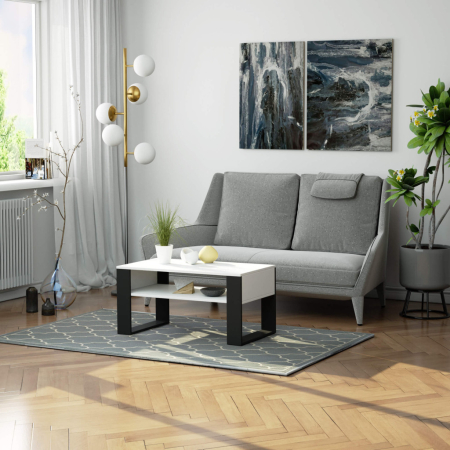 Masuta de cafea Domi cu raft inferior, blat laminat, 92x50x45 cm, alb si negru [3]