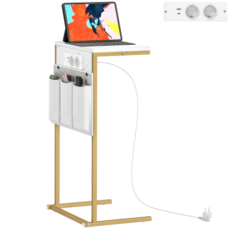 Mese cafea si decorative -  Masuta de Cafea in Forma de C cu Efect de Marmura, cu Prize si Porturi USB Integrate, Alb