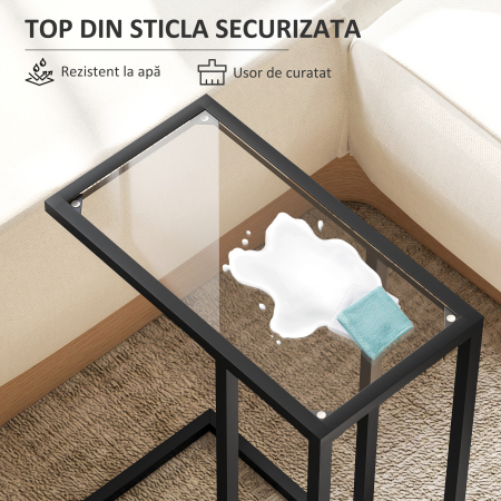  Masuta de Cafea in Forma de C din Sticla si Otel, 46x25x63.5 cm, Negru [4]