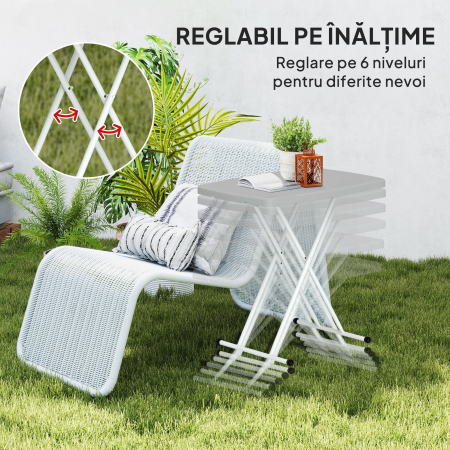  Masuta de Cafea Pliabila, Reglabila pe inaltime si Portabila, cu Blat HDPE si Cadru Metalic, 76x50x74 cm, Alb [4]