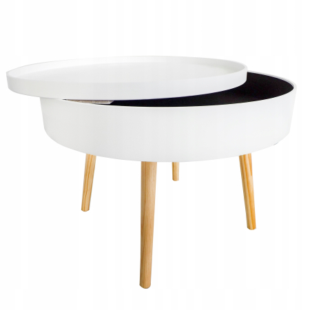 Masuta de cafea rotunda 60x40 cm, cu blat detasabil si spatiu depozitare, picioare din lemn de pin, alba [3]