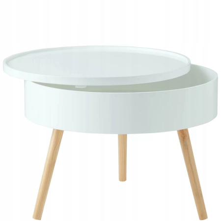 Masuta de cafea rotunda 60x40 cm, cu blat detasabil si spatiu depozitare, picioare din lemn de pin, alba [7]