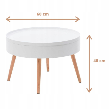 Masuta de cafea rotunda 60x40 cm, cu blat detasabil si spatiu depozitare, picioare din lemn de pin, alba [13]