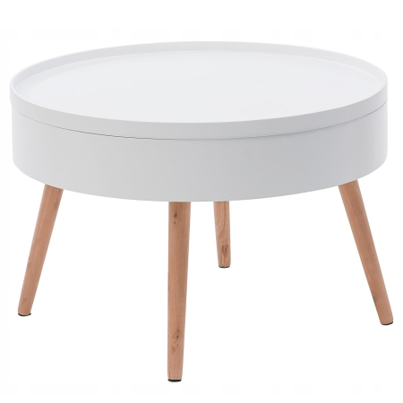 Masuta de cafea rotunda 60x40 cm, cu blat detasabil si spatiu depozitare, picioare din lemn de pin, alba [0]