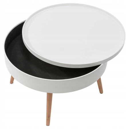 Masuta de cafea rotunda 60x40 cm, cu blat detasabil si spatiu depozitare, picioare din lemn de pin, alba [2]