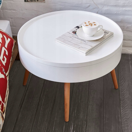 Masuta de cafea rotunda 60x40 cm, cu blat detasabil si spatiu depozitare, picioare din lemn de pin, alba [6]