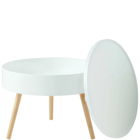 Masuta de cafea rotunda 60x40 cm, cu blat detasabil si spatiu depozitare, picioare din lemn de pin, alba [9]