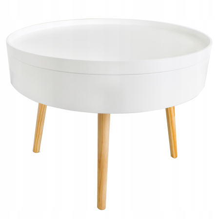 Masuta de cafea rotunda 60x40 cm, cu blat detasabil si spatiu depozitare, picioare din lemn de pin, alba [12]
