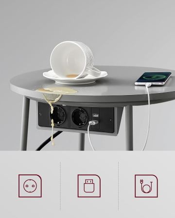 Masuta de cafea rotunda cu cos de stofa, statie de incarcare 2 prize si 2 USB, 45x50cm, gri argintiu [3]